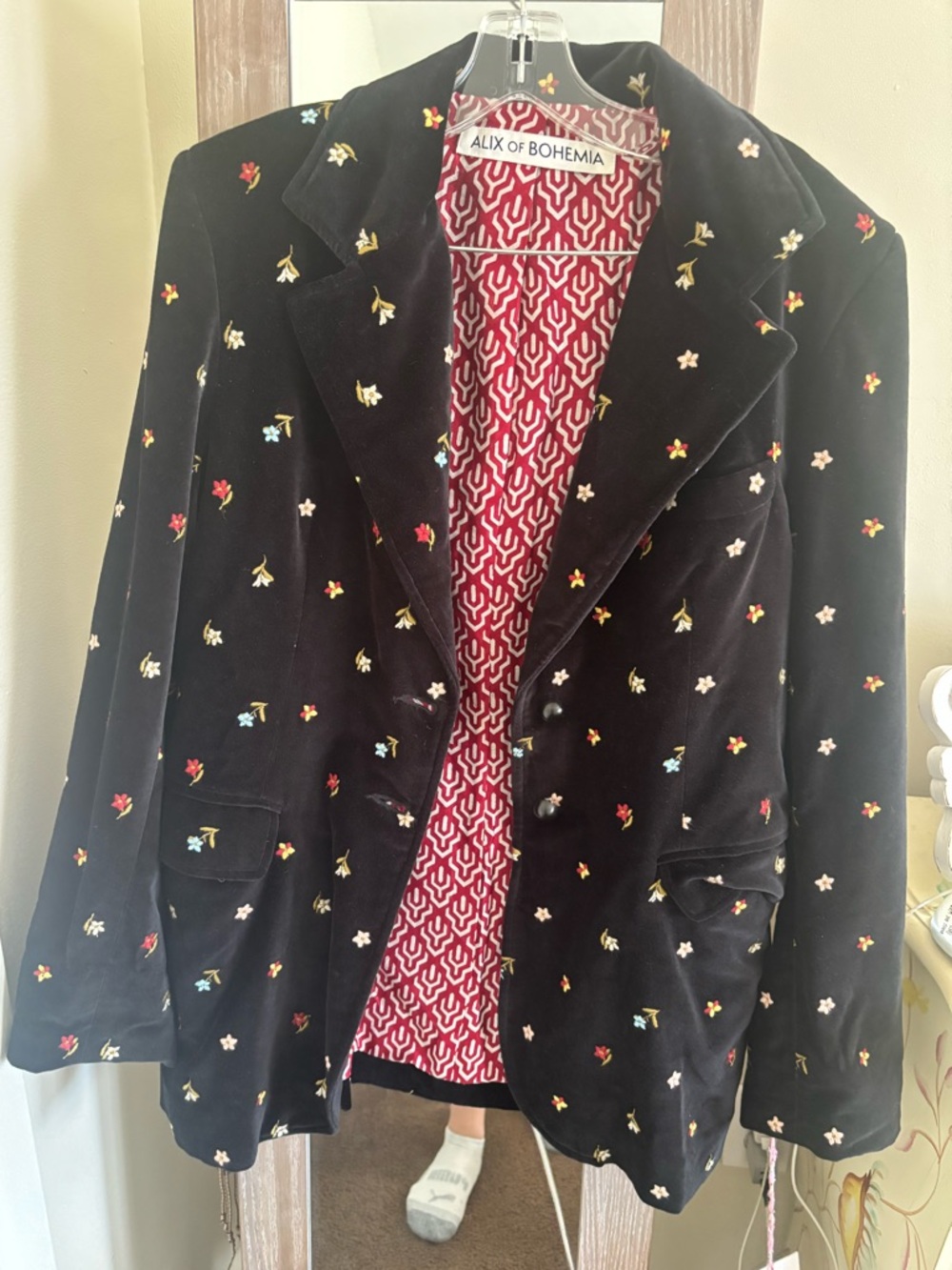 Alix of Bohemia Black Velvet Blazer with Multicolor Floral Embroidery
